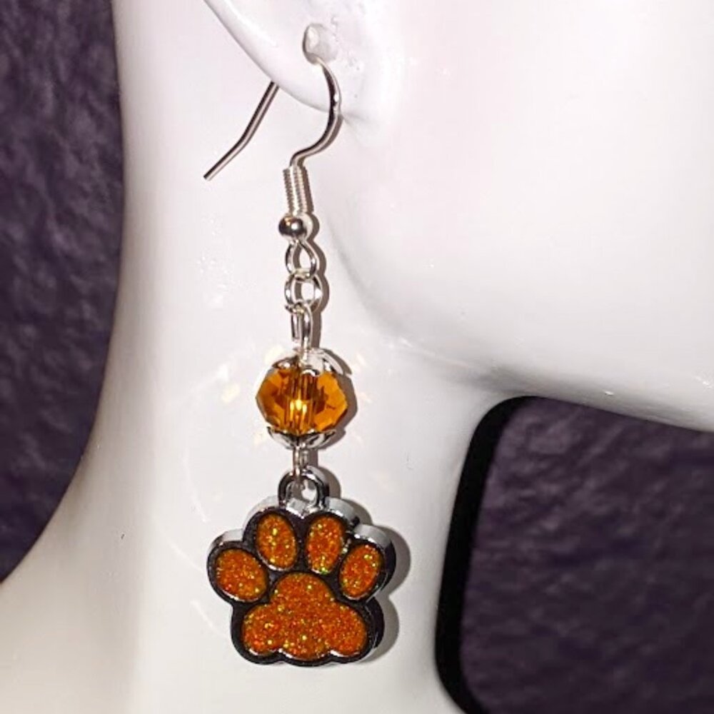 Orange Sparkle Paw Print Earrings (Smooth Facet)
